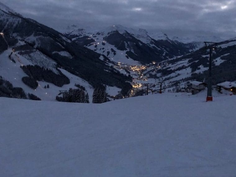 Saalbach Austria by night skiing down from Berger Hochalm Last run of the day after Happy Hour at Berger Hochalm Saalbach Austria
