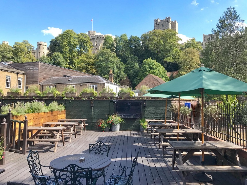 view of Windsor castle from the pub garden at Royal Windsor pub