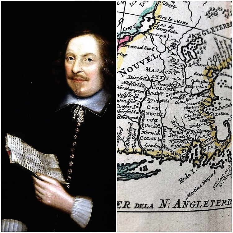 Portrait of Edward Winslow and map of new world colonies from 17th century