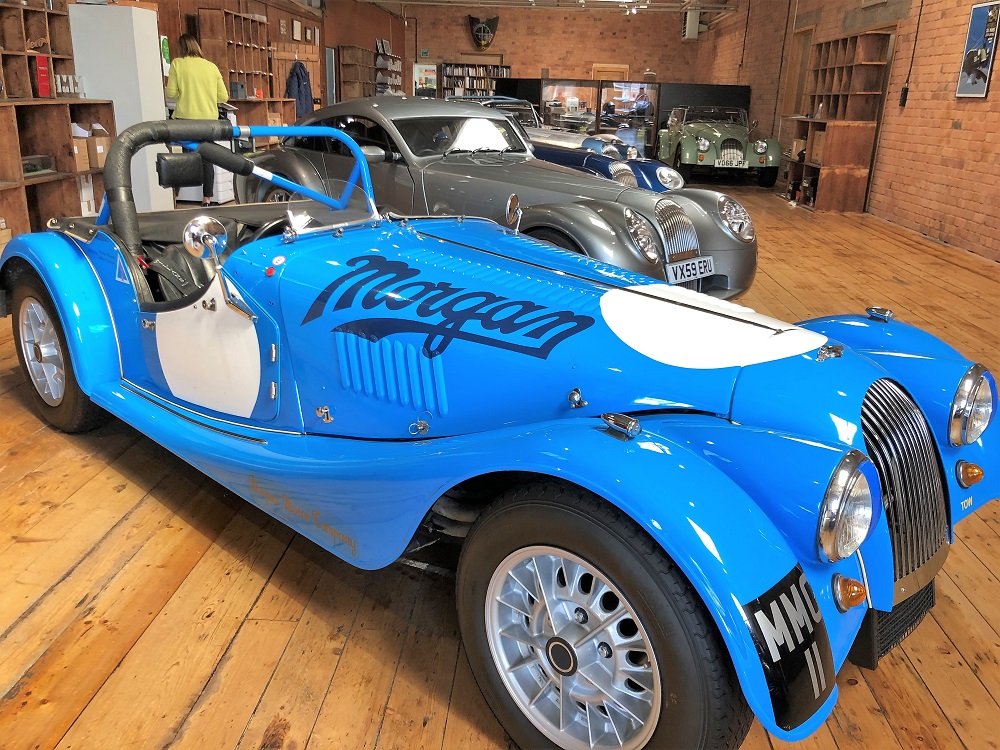 Morgan motor car in blue and white