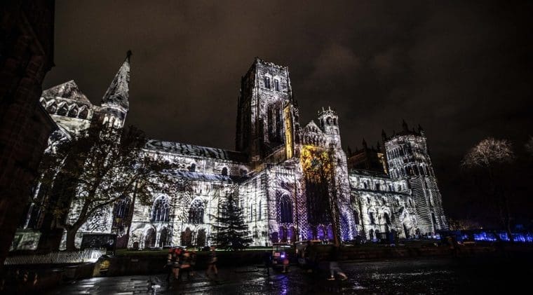 light projection on Durham Cathedral during Lumiere 2019