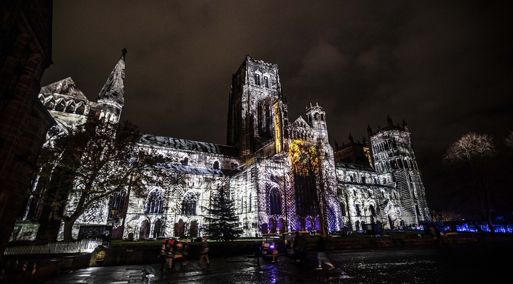 light projection on Durham Cathedral during Lumiere 2019