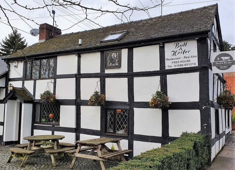 Exterior of the Bull and Heifer pub in Bettws Cedewain