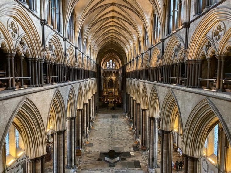 Interior view of Salisbury Cathedral the length of the nave