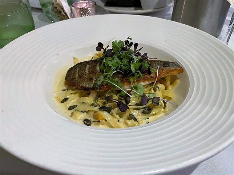 Plate of seabass and pumpkin linguine at Raithwaite Sandsend