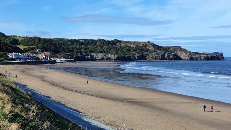View of the beach and cliffs at Sandsend on the Yorkshire coast