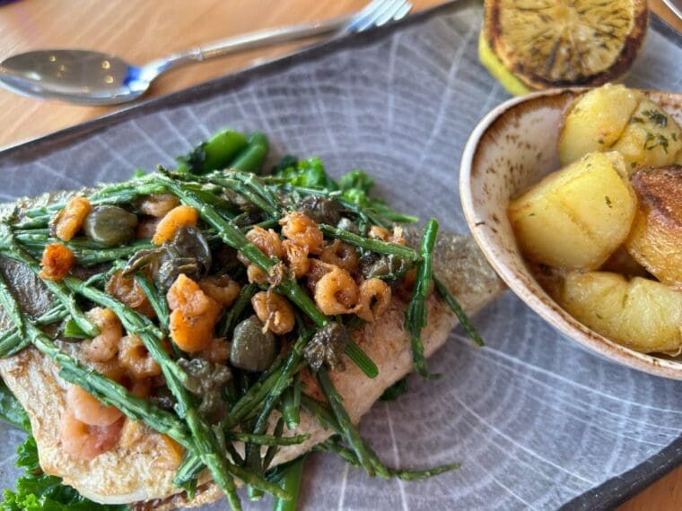 Seabream served with brown shrimps and samphire at Rocks Restaurant in the Watersmeet Hotel