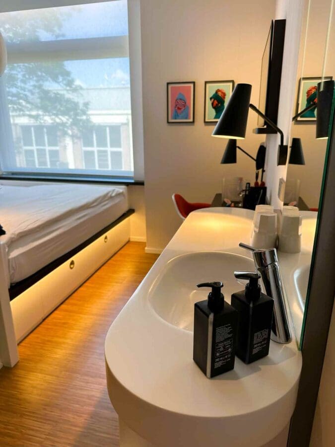 designer furnishings in the bedroom at citizenM Amstel Amsterdam hotel