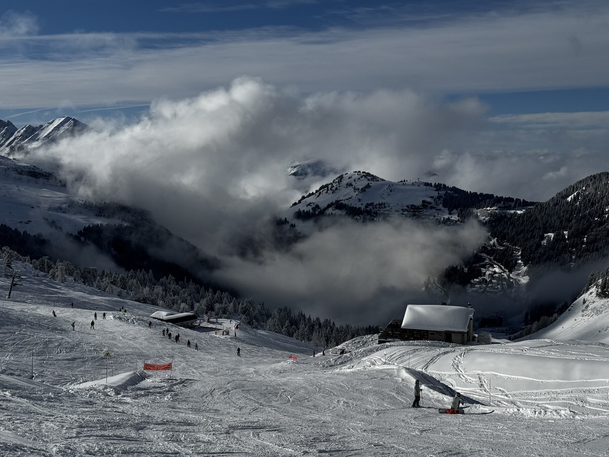 Looking down to Flaine resort on a snowy day