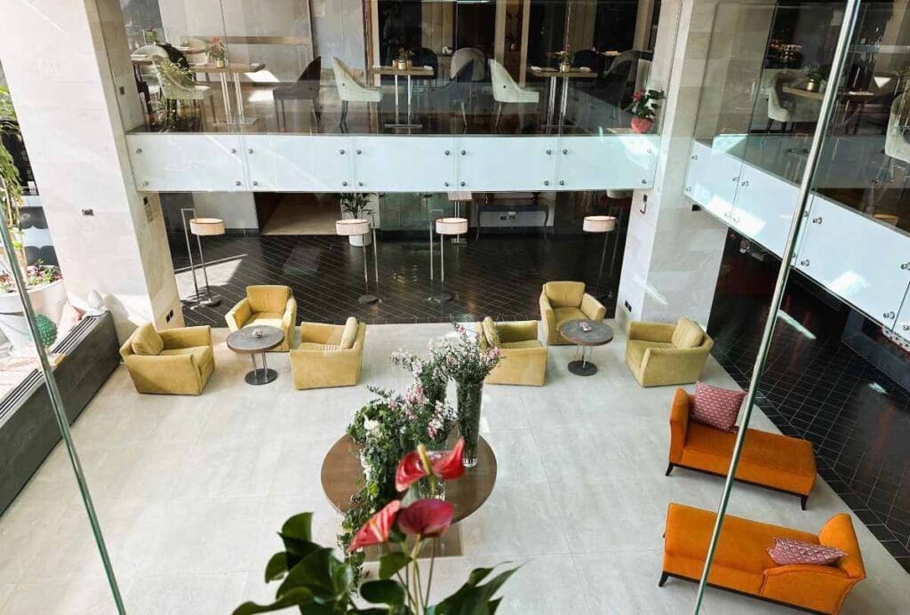 H Collection Taormina breakfast is served in a mezzanine galleryoverlloking the entrance lobby