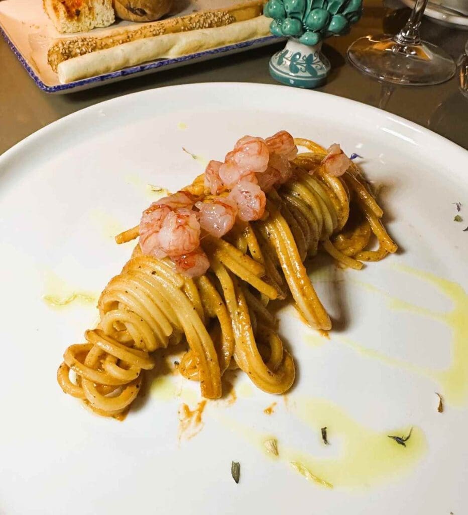 NH Collection Taormina Zeferino restaurant spaghetti with gameri rossi and pistachio