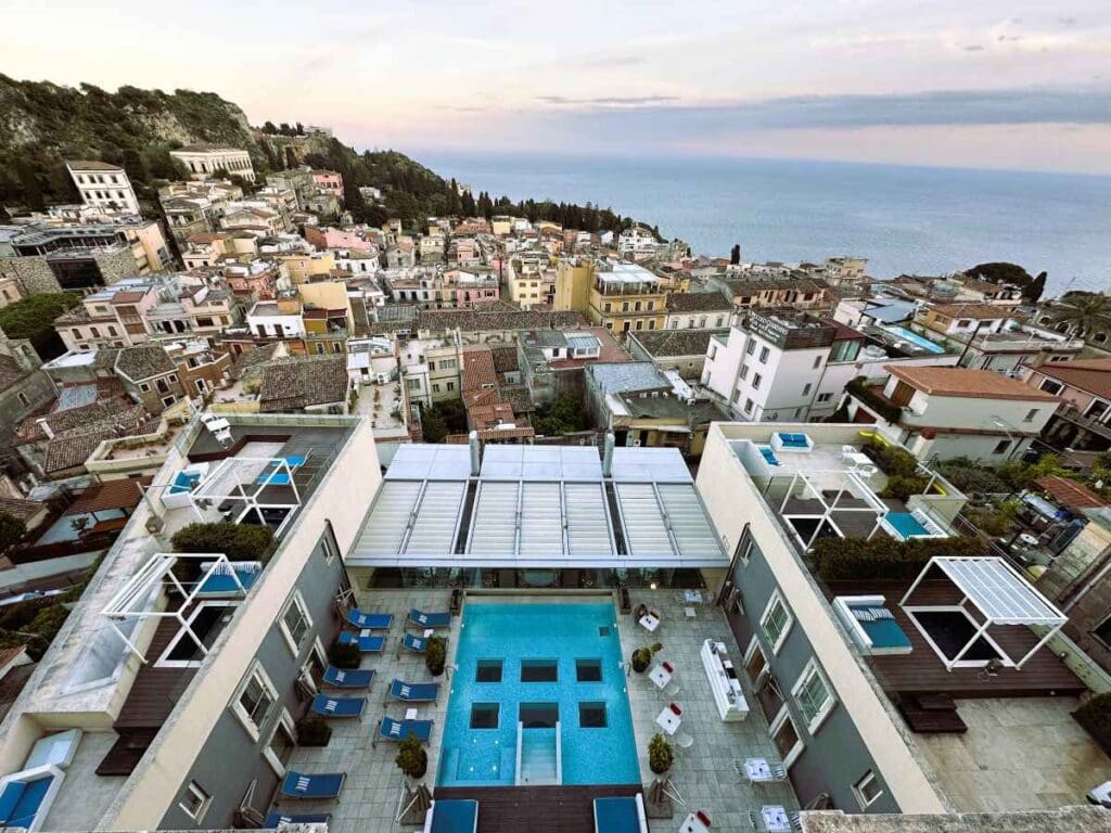 NH Collection Taormina has a panoramic view over Taormina from the 7th floor rooftop