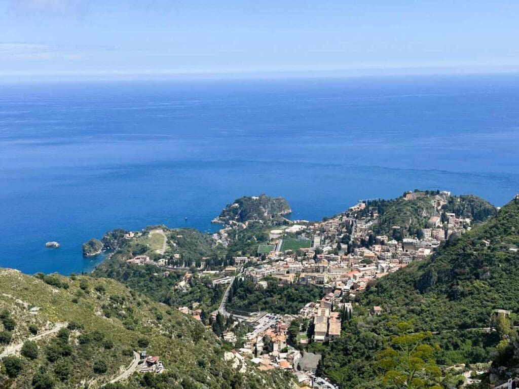 View of Taormina from the mountaintop village Castelmola