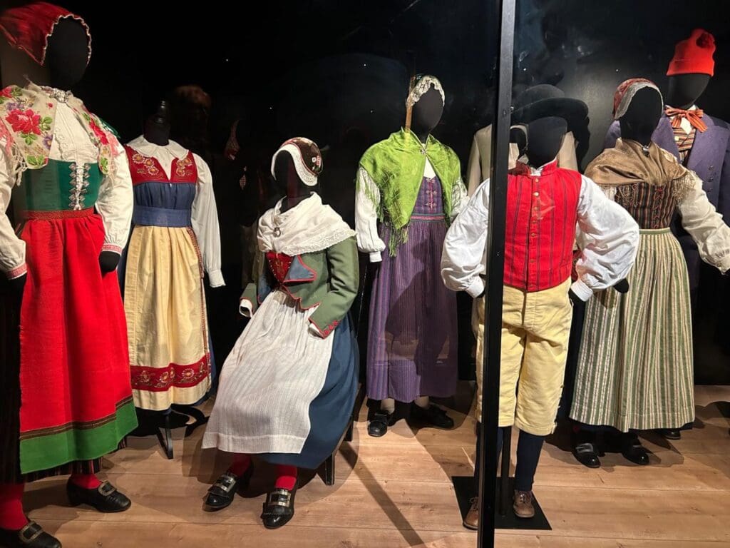 Display of parish costumes at Dalarnas museum in Falun Sweden