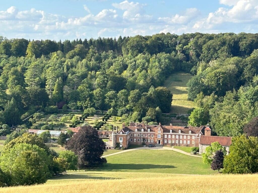 View of historic Stonor House from the top of Drovers Hill in the Chilterns