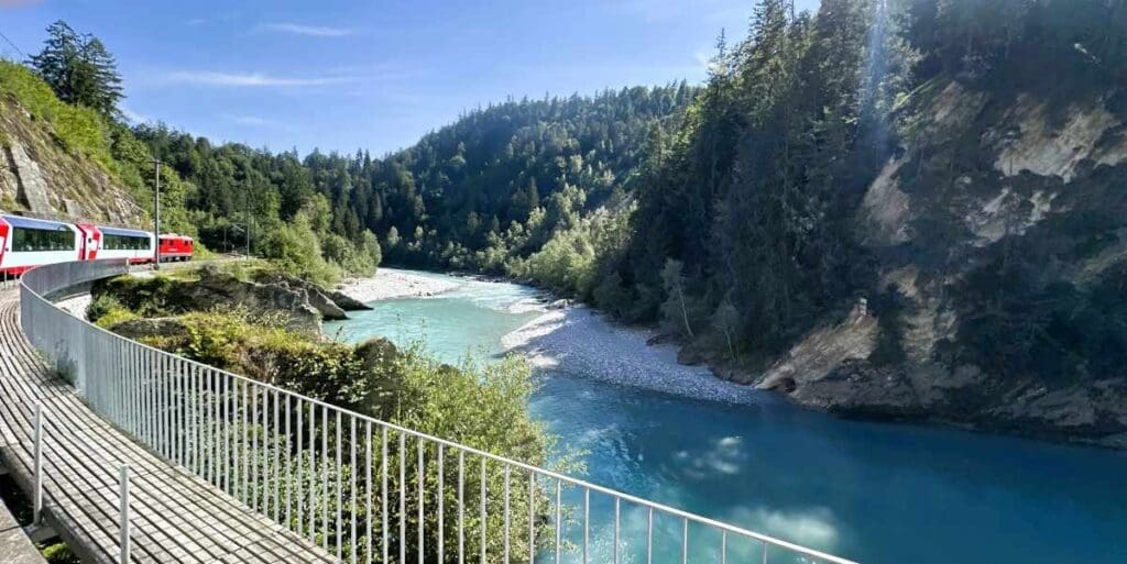 The Glacier Express scenic train travels through the Rhine Gorge