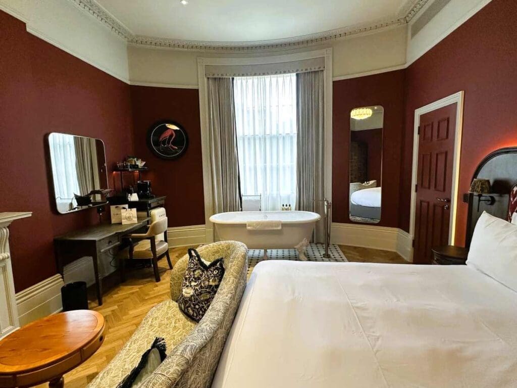 The Philosopher's Quarters room at Bertrand's Townhouse has a claw foot bath in the room