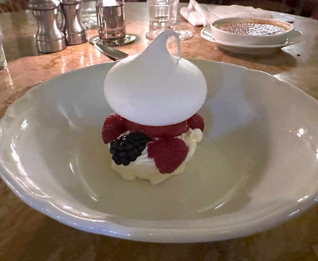 Olise restaurant pavlova with cherry sorbet and vanilla cream