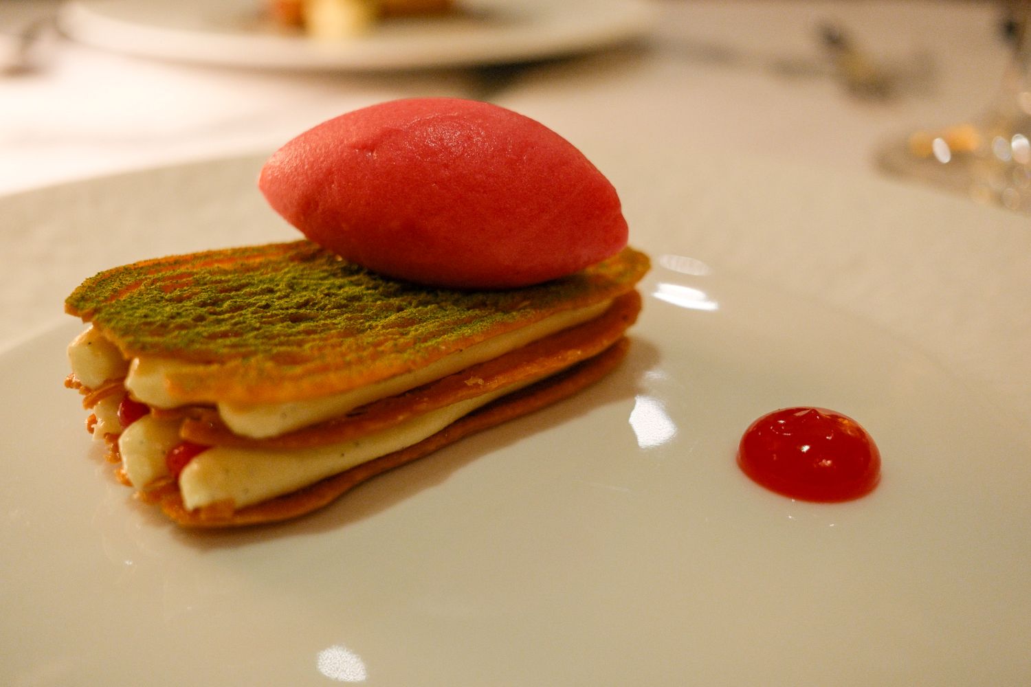 Caramelised puff pastry, stem ginger, orange, rhubarb sorbet, The Avenue, Lainston House