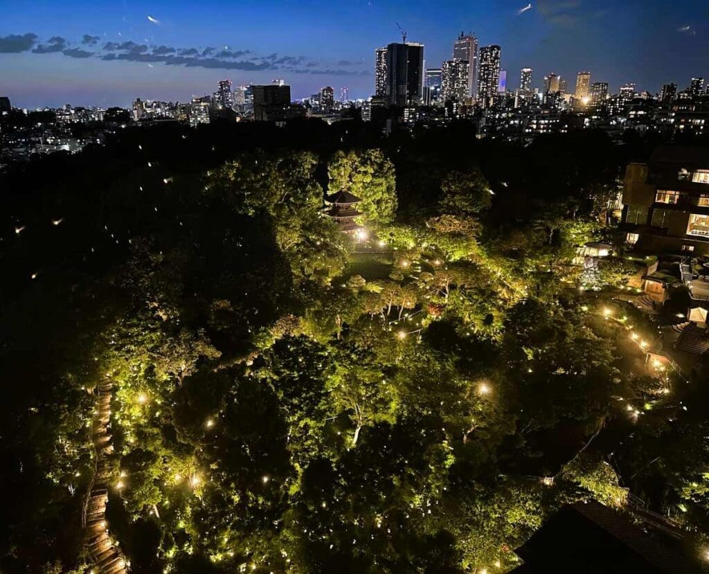 Hotel Chinzanso garden at night with Tokyo background