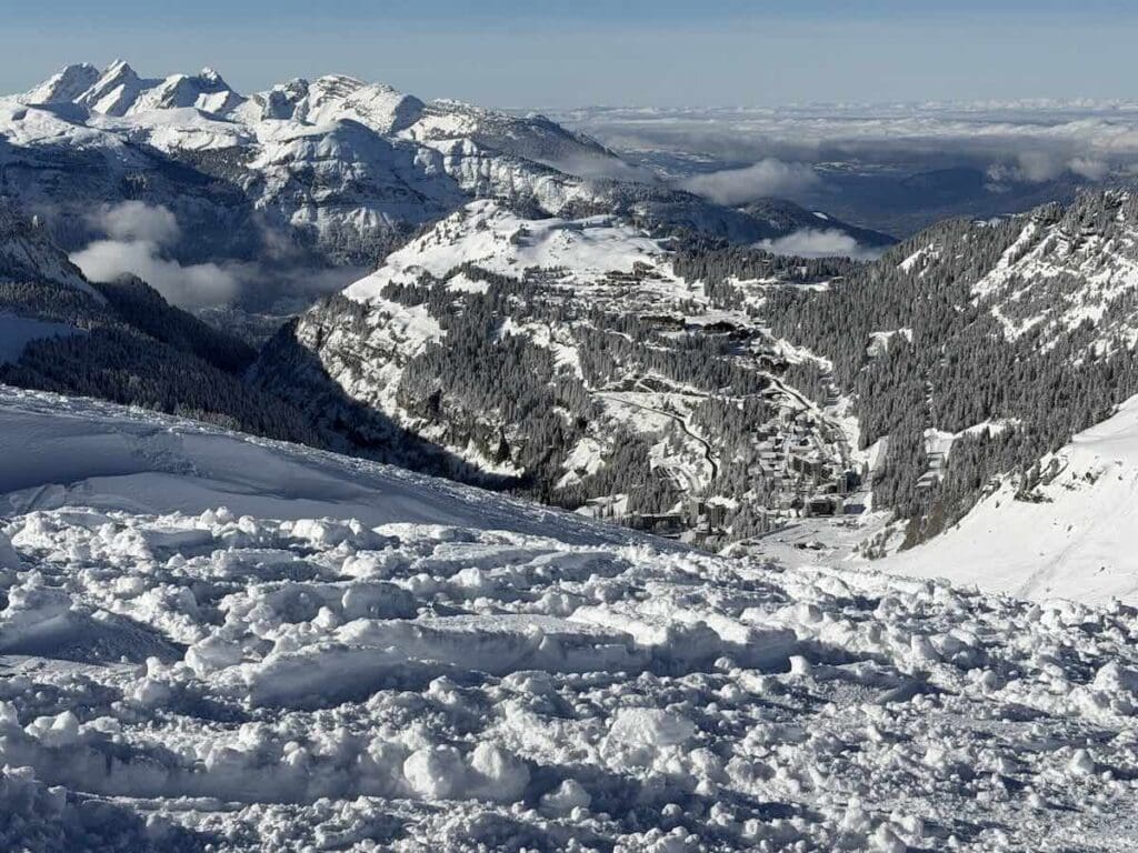 View of Flaine from the piste on a short ski break in the Grand Massif