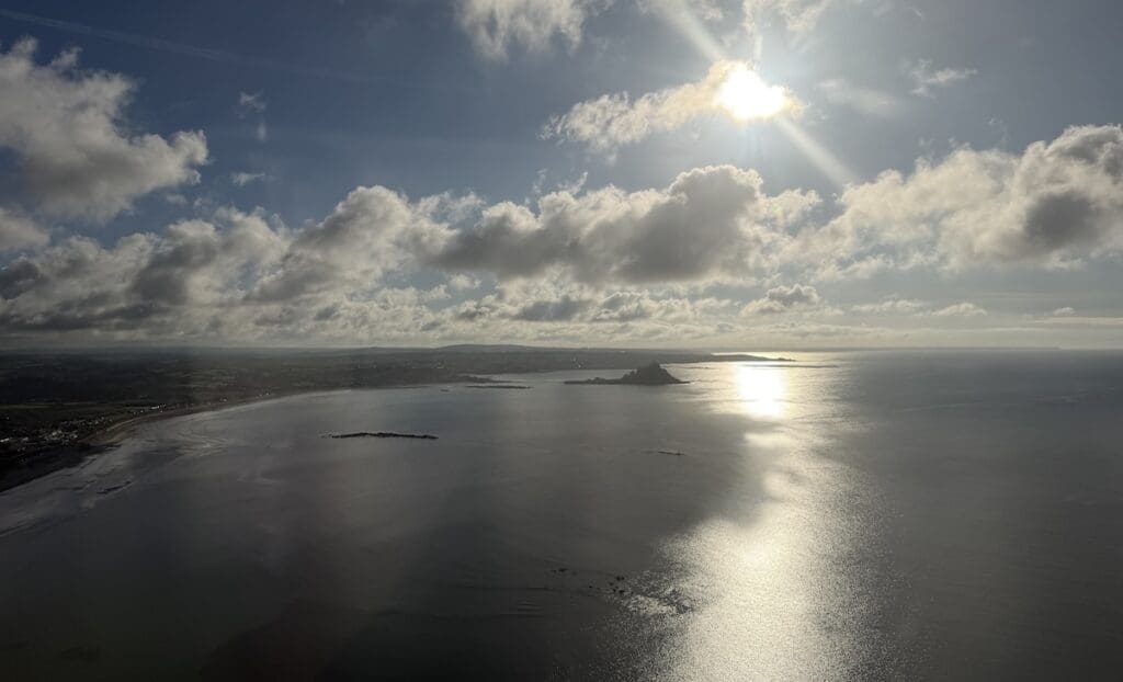 View over St Michael's Mount from helicopter